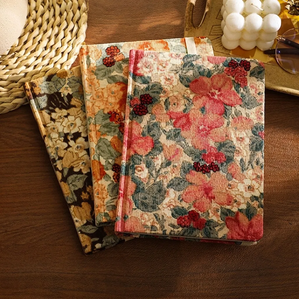 Retro Corduroy Floral A5 Notebook Vintage Artistic Journal Cloth Covered Bound Diary With Elastic Band Writing Stationery