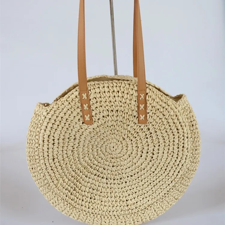 Women's Round Straw Woven Shoulder Bag Large Capacity Summer Beach Tote With PU Leather Strap Handmade Bohemian Fresh Style