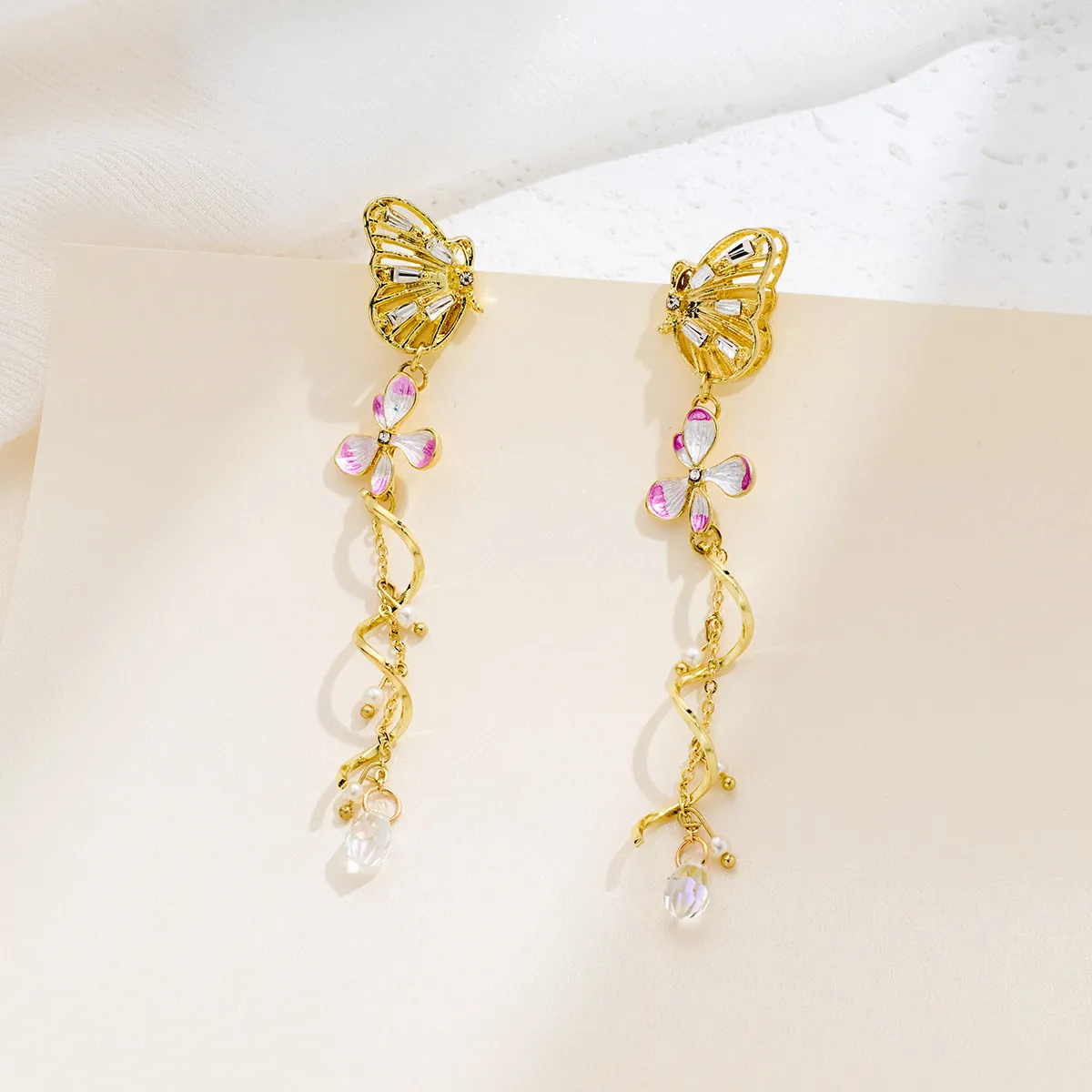 Luxury Alloy Butterfly Flower Tassel Long Drop Earrings For Women Gold Pink Rhinestone Artificial Pearl Korean Style Jewelry