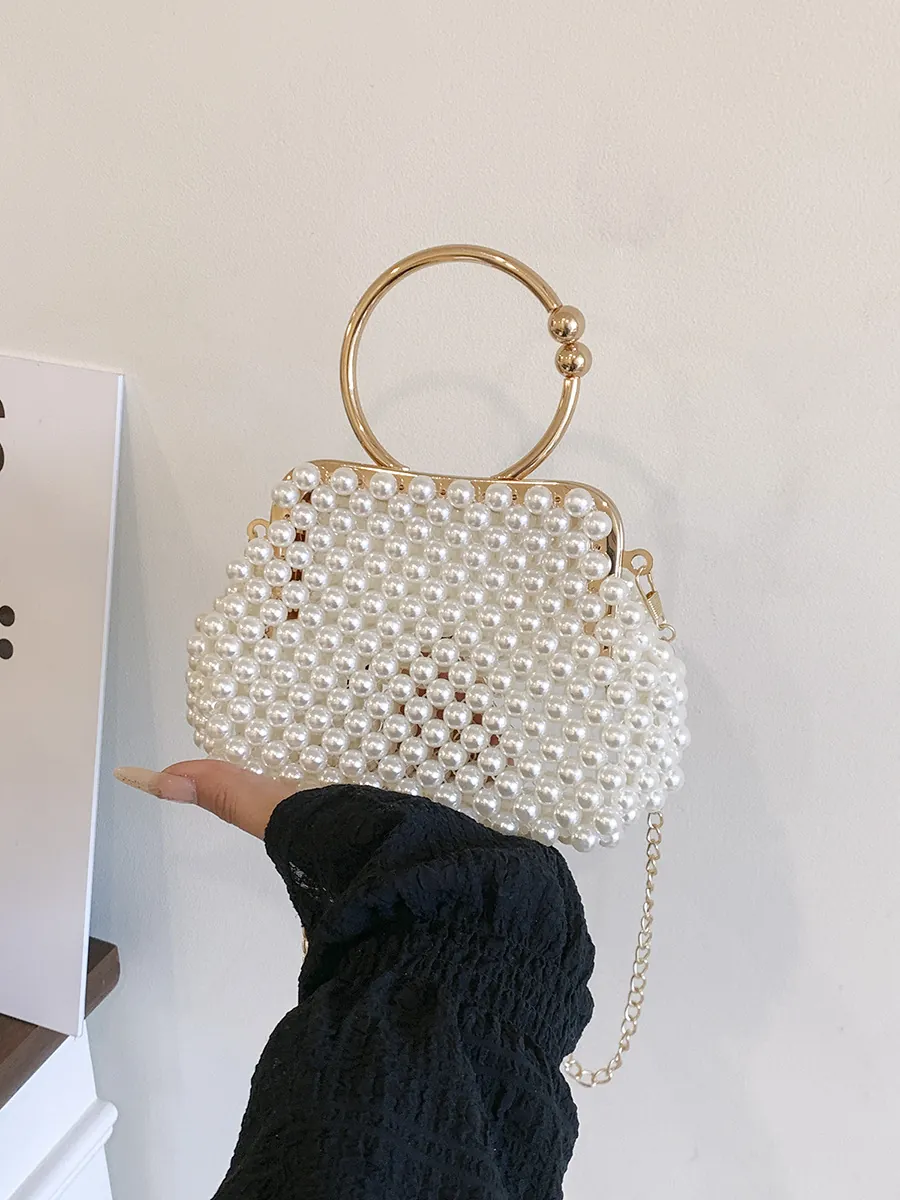 Vintage Hand-woven Artificial Pearl Handbag For Women Elegant Bridal Bridesmaid Wedding Party Evening Bag With Metal Ring Handle And Chain Strap