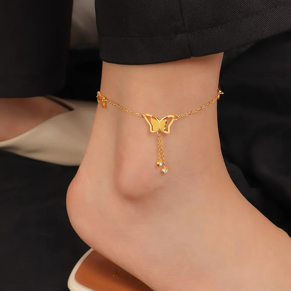 Cavigliera Farfalla Nappa Acciaio Inossidabile Zirconia Cubica Gioielli Catena Piede Donna Tonalità Oro Design Traforato