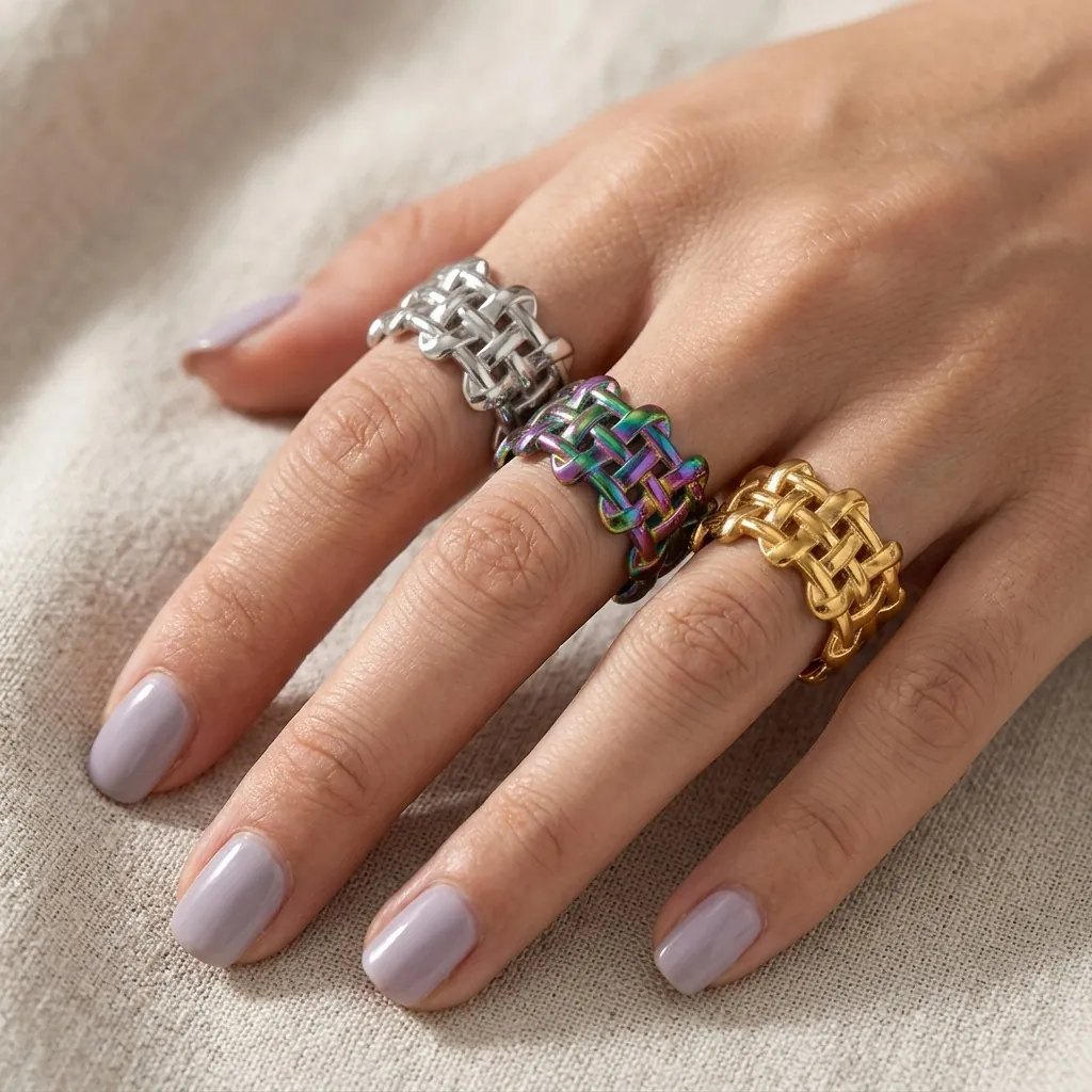 Minimalist Stainless Steel Woven Mesh Open Ring For Women Adjustable Geometric Lattice Finger Ring Waterproof Jewelry