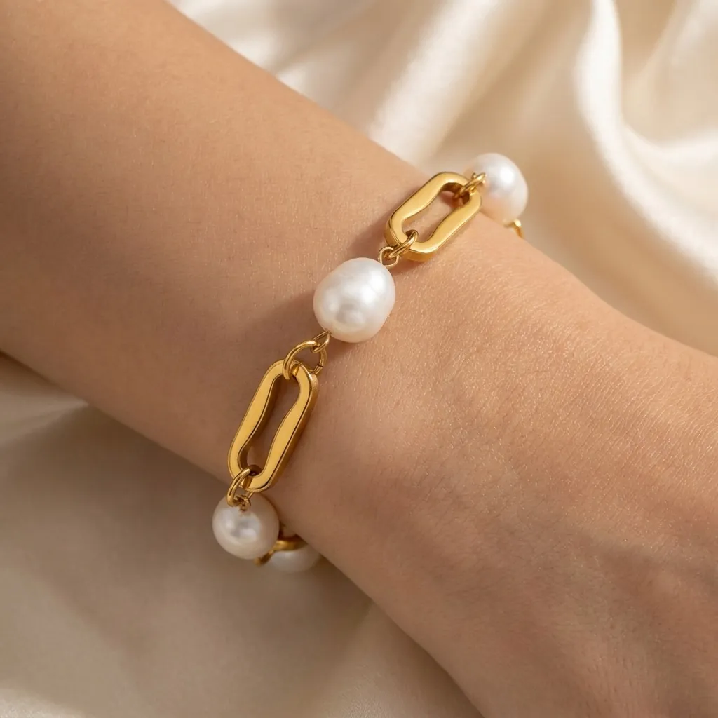Bracelet En Acier Inoxydable Avec Perle D'eau Douce Plaqué Or 18K Baroque Rétro Bijou Ajustable Pour Femmes