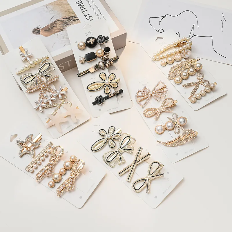Hair Clips Alloy Faux Artificial Pearl Rhinestone Korean Style Floral Bear Bow Heart Geometric Bangs Accessories Women Girls