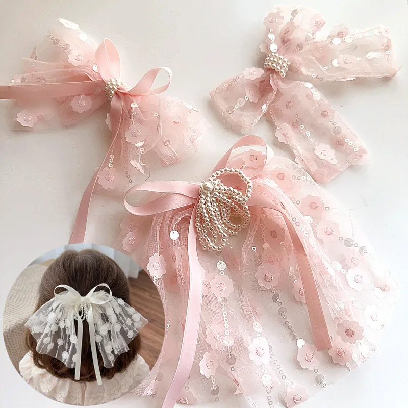 Kids Hair Clips Pink Bow Lace Mesh Artificial Pearl Floral Embroidery Long Streamer Sweet Hair Accessories For Girls
