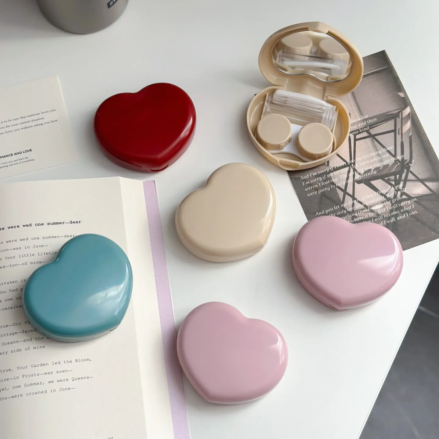 Heart Shaped Contact Lens Case Plastic With Mirror Tweezers Suction Stick Travel Kit Candy Color Cute Girls