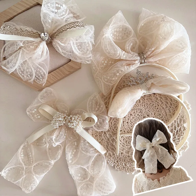 Accessoires Cheveux Enfants Bandeau Noeud Barrettes Paillettes Maille Strass Couronne Style Princesse Filles Doux