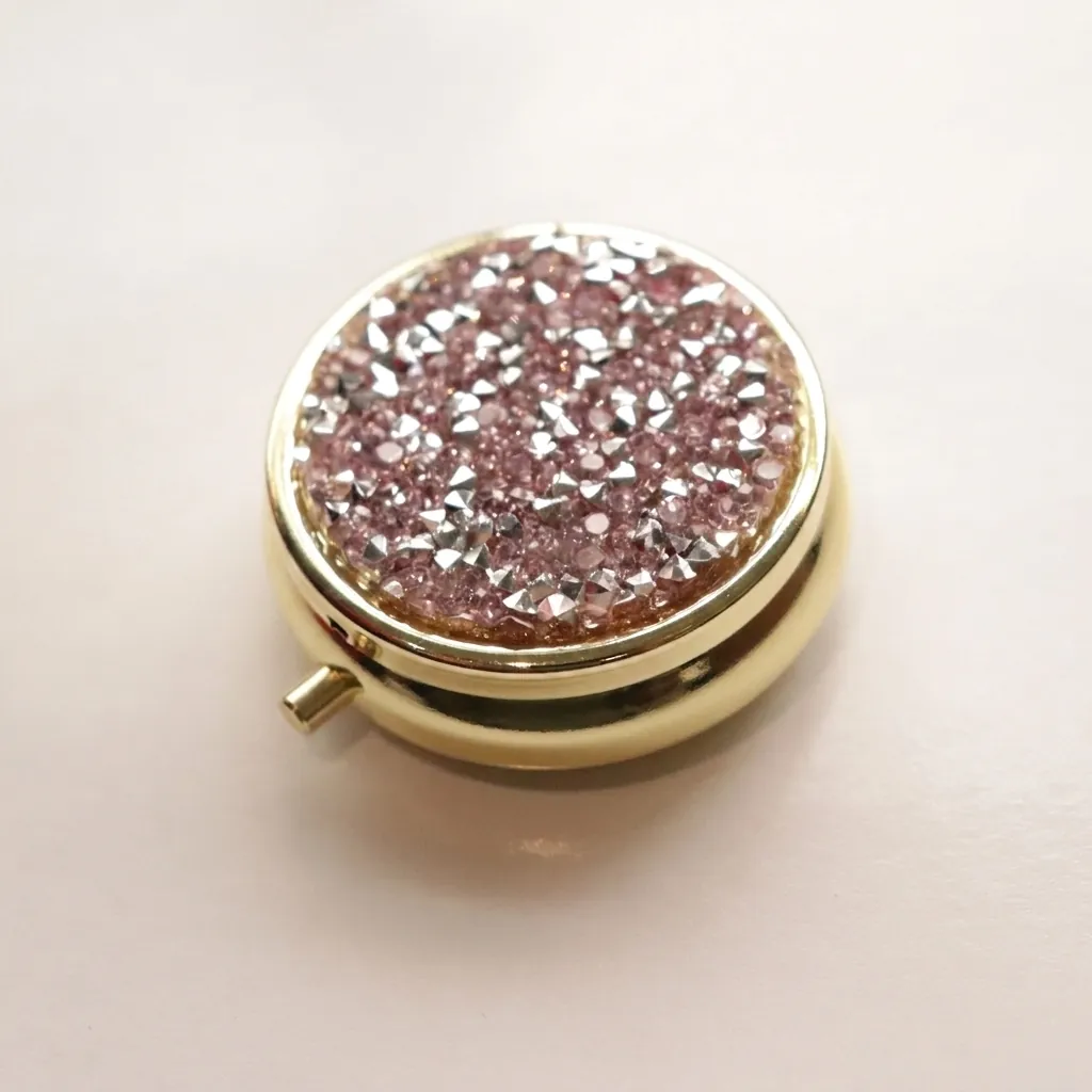 Portable Round Pill Box Rhinestone Metal Crystal Travel Organizer Mini Jewelry Storage Case Sparkly Elegant Internal Compartments Mirror