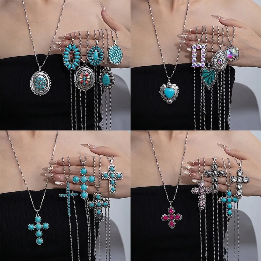Collier Pendentif Turquoise Bohème Vintage Alliage Style Ethnique Bijoux Pour Femmes Accessoire Chaîne En Acier Titane