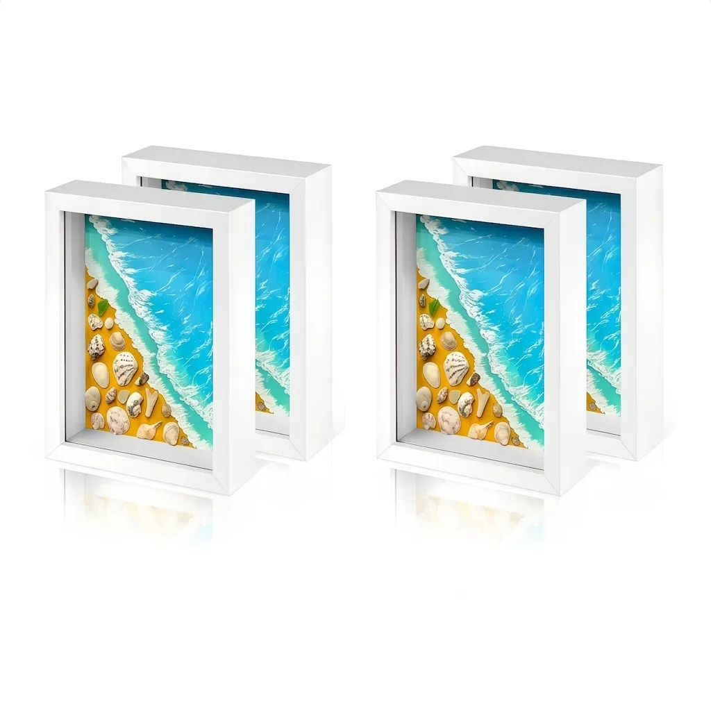 Deep Shadow Box Photo Frame With LED Light Natural Seashell DIY Display Wood Texture Desktop Ocean Theme Home Decor