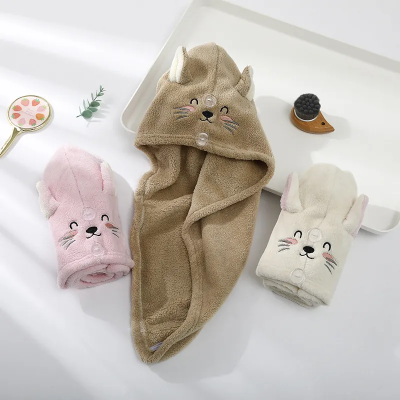 Women Coral Fleece Hair Drying Cap Absorbent Cartoon Cat Bunny Ears Hair Drying Towel Hat With Button Fastening
