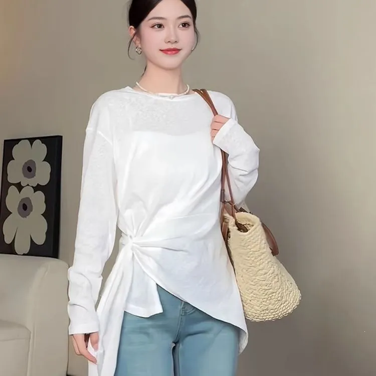 Damen Lazy Style Sonnenschutz Oberteil Viskose Dünn Bindegürtel Taille Schlankmachend Langarm T-Shirt Bluse Für Sommer