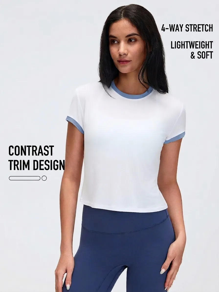 Women Sports T-Shirt Color-Block Short Sleeve Crop Top Regular Shoulder Crew Neck Quick-Dry Breathable Yoga Workout Tee