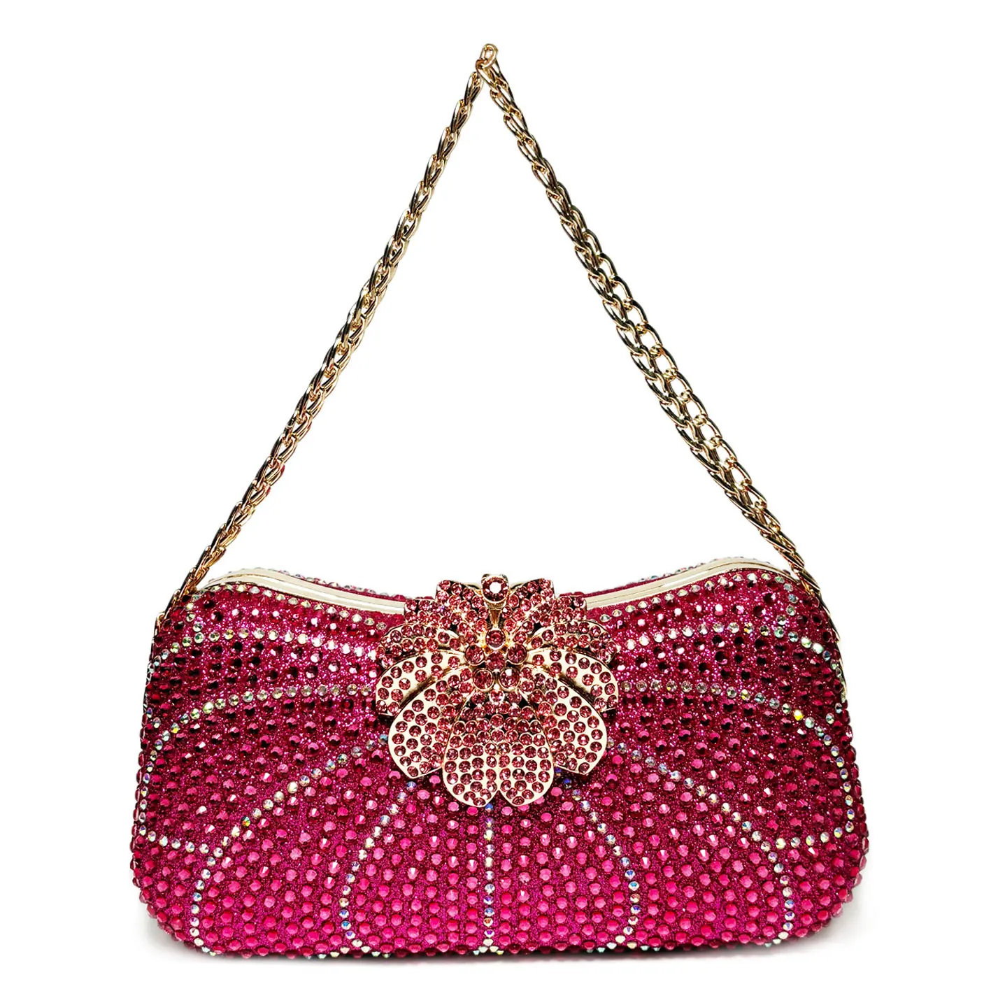 Luxury Women Rhinestone Evening Clutch Bag Shiny Flower Clasp Banquet Party Handbag With Gold Chain Shoulder Bag Purse
