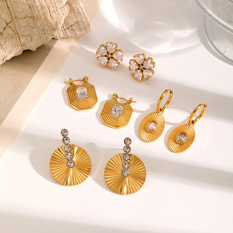 Fashion Stainless Steel Pave Rhinestone Hoop Earrings For Women Gold Plated Heart Floral Geometric Stud Earrings Jewelry Gift