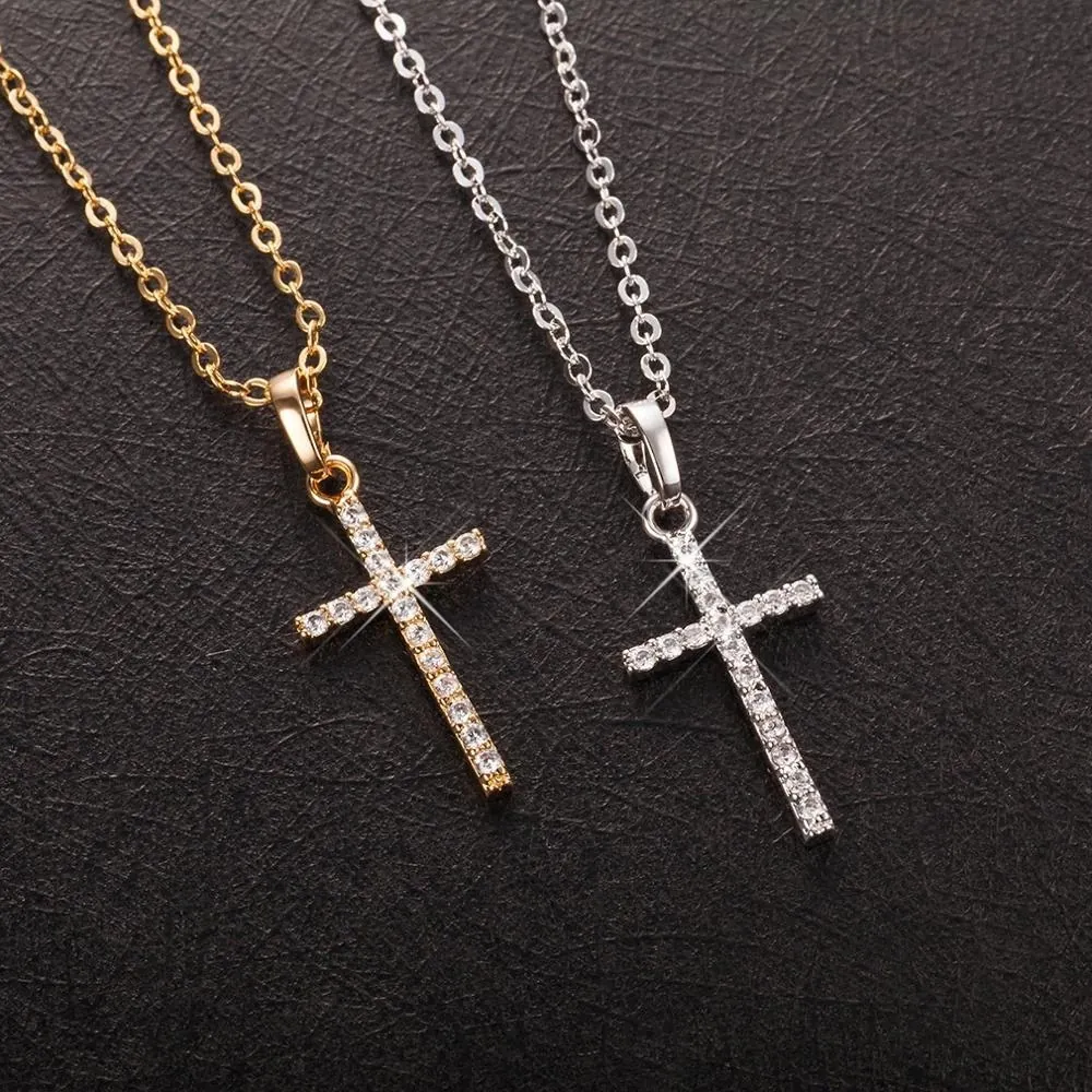 Fashion Alloy Rhinestone Inlaid Cross Pendant Necklace For Couples Men Women Western Style Gold Silver Plated Jewelry Gift