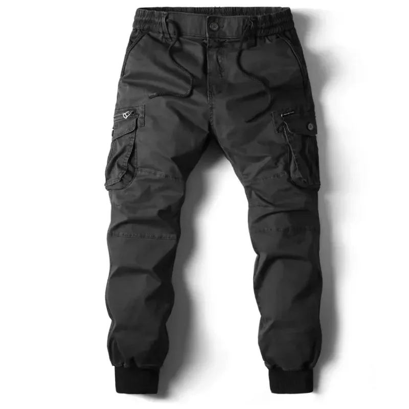 Men's Casual Cargo Jogger Pants Cotton Blend Elastic Drawstring Waist Multi Pockets Solid Color Outdoor Fashion Long Trousers