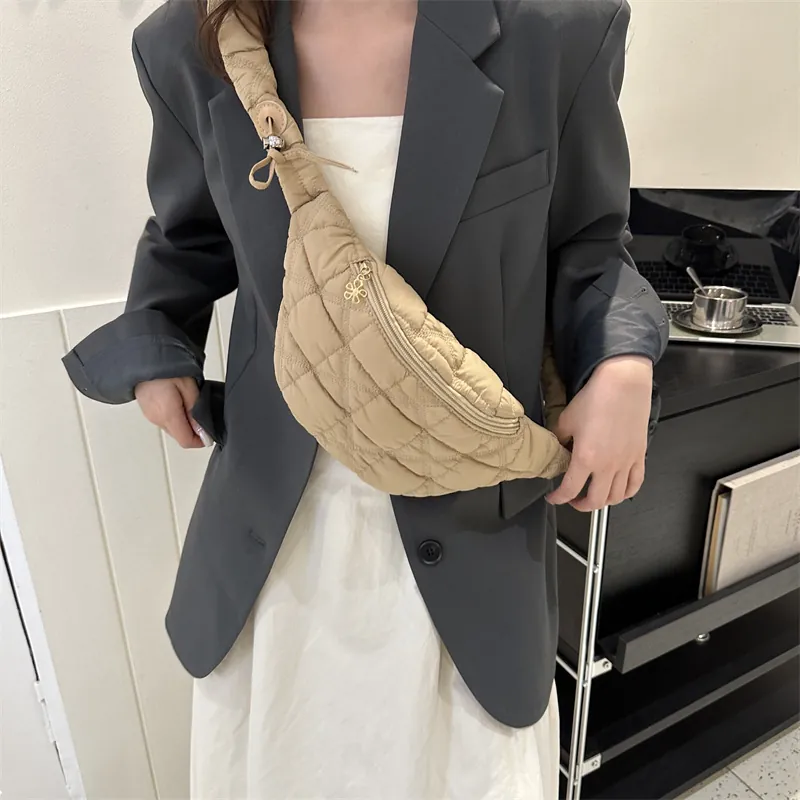 Women Fashion Quilted Oxford Cloth Chest Bag Rhombus Pattern Shoulder Bag With Scrunchie Strap Flower Zipper Trendy Puffy Crossbody Bag