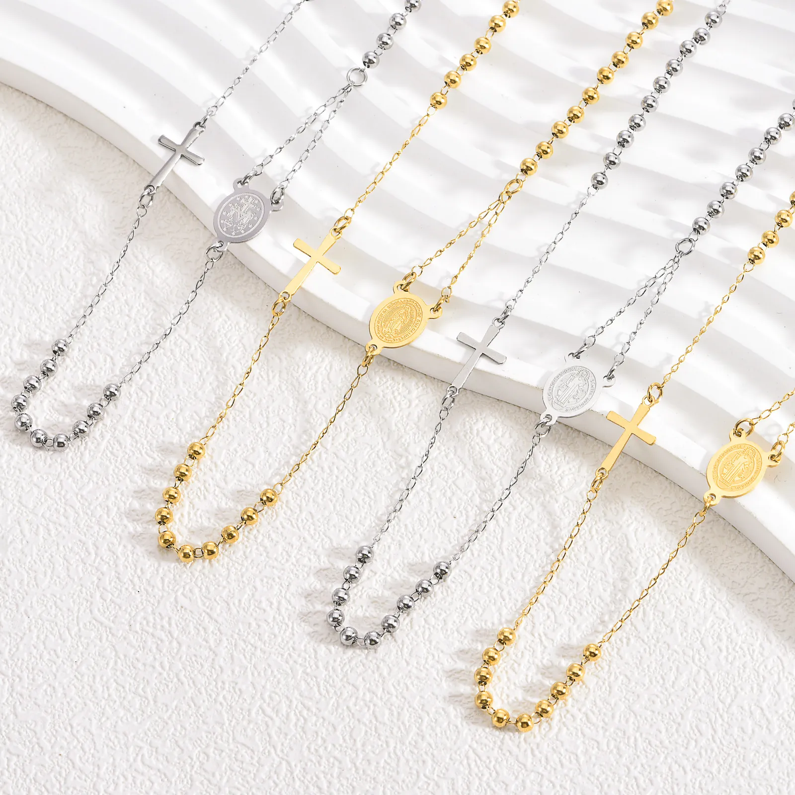 304 Stainless Steel Rosary Necklace For Women Men Religious Cross Virgin Mary Pendant Catholic Bead Chain Jewelry Gift