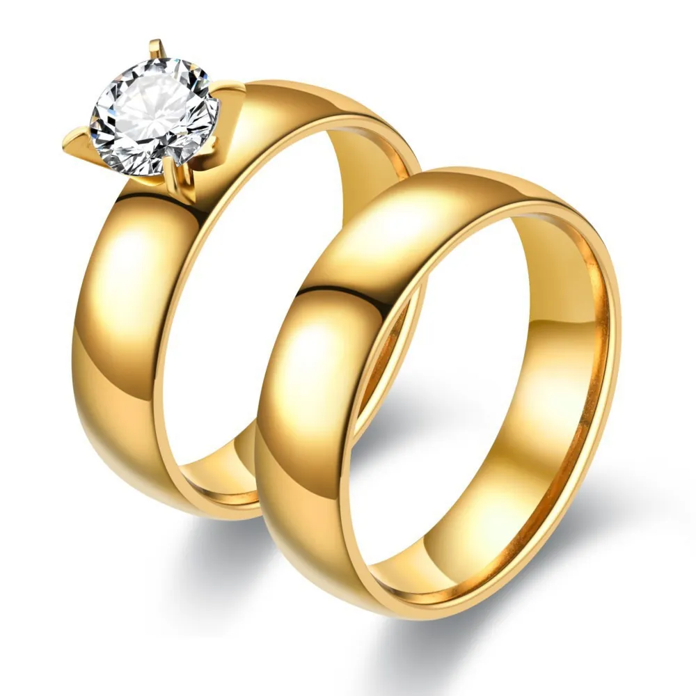 European American Stainless Steel Zirconia Ring Two Tone Matte Four Prong Couple Rings Engagement Wedding Jewelry For Unisex