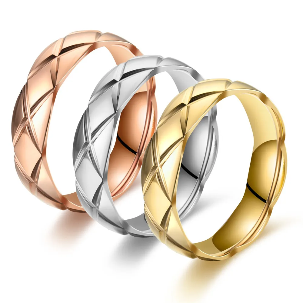 Quilted Stainless Steel Ring Irregular Arc Diamond-Cut Band For Couples Unisex Vintage Fashion Jewelry Rose Gold Silver Gold