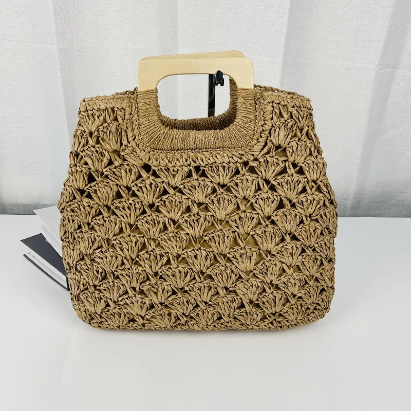 Women Large Capacity Hand Woven Paper Straw Tote Bag With Square Wooden Handle Vintage Summer Beach Handbag Bohemian Travel Shoulder Bag