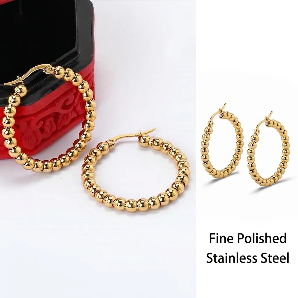 Μινιμαλιστικά Σκουλαρίκια Κρίκοι από Ανοξείδωτο Ατσάλι με Χάντρες για Γυναίκες Λουστρέ Γεωμετρικά Σκουλαρίκια με Στρογγυλές Χάντρες Κοσμήματα Μόδας