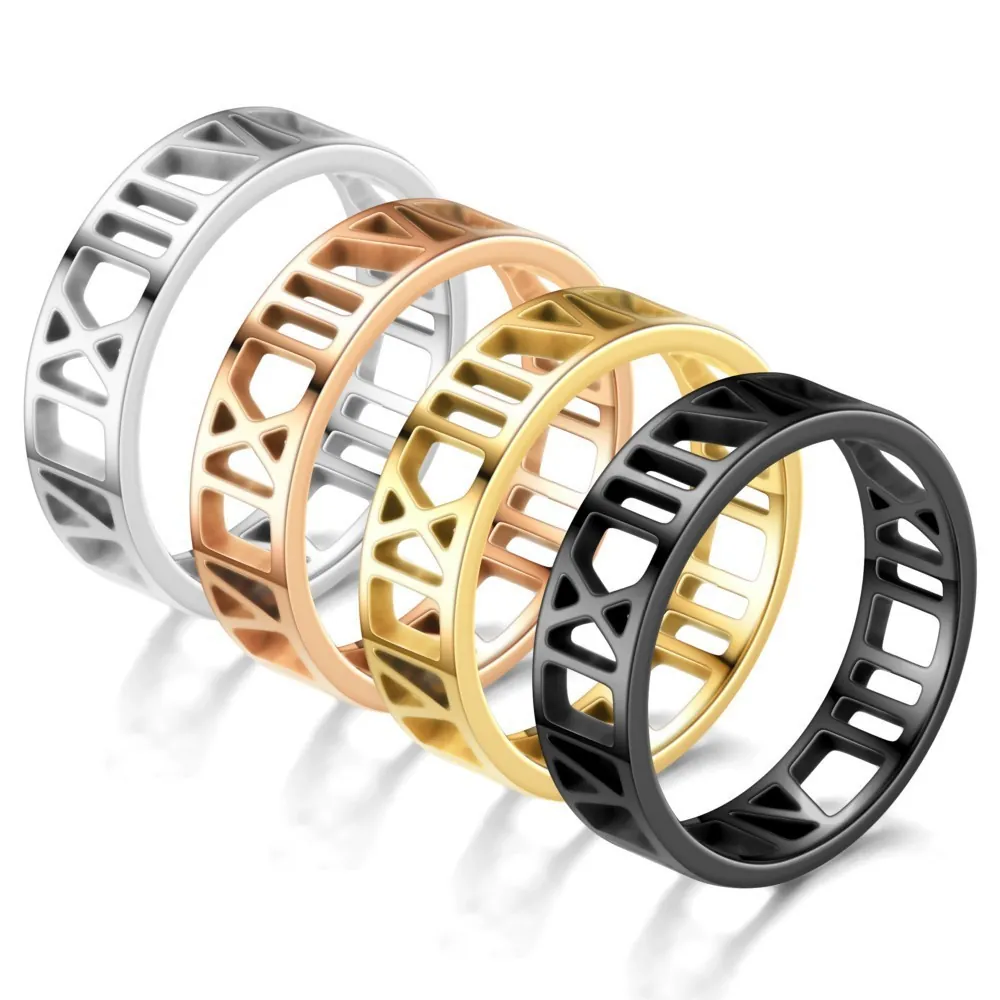 Classic Roman Numeral Cutout Ring Stainless Steel Polished Electroplated Band Ring For Men Women Trendy Jewelry Finger Ring