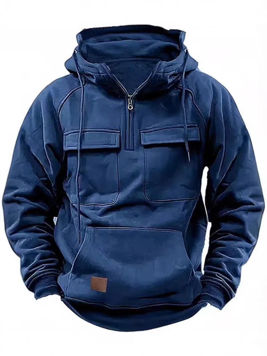 Sudadera con Capucha de Estilo Vintage y Deportivo para Hombre Color Sólido Media Cremallera Multibolsillos Patchwork Sudadera con Capucha Táctica Casual