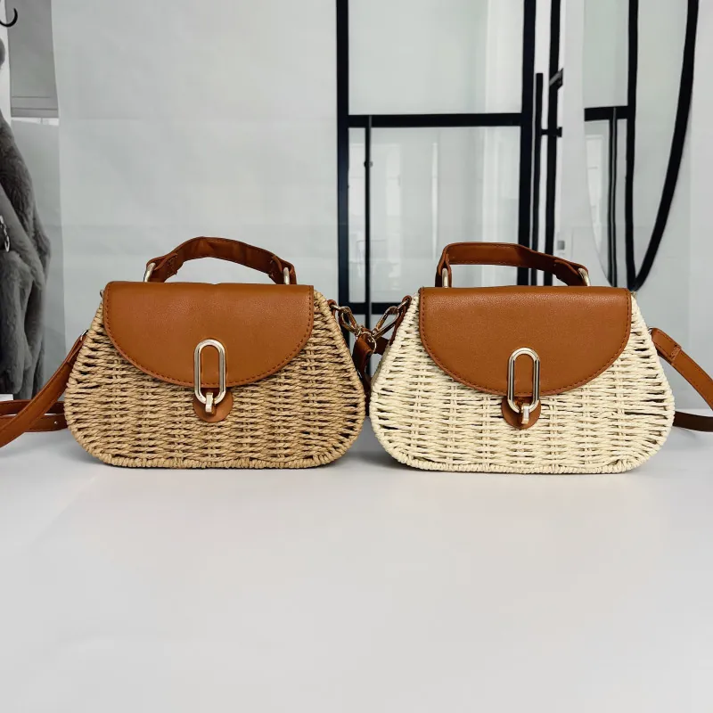 Women Vintage Paper Rope Woven Crossbody Bag With PU Leather Flap Gold Buckle Casual Summer Beach Vacation Shoulder Bag