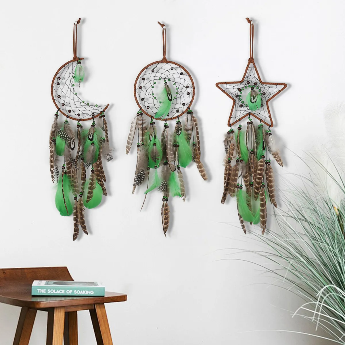 Bohemian Forest Style Dreamcatcher Wall Hanging Star Moon Round Iron Ring Feather Pendant Bedroom Home Decor Ornaments