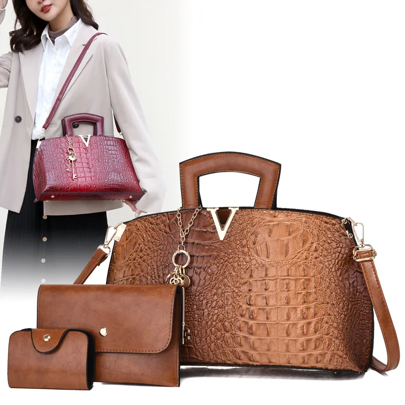 Fashion Crocodile Pattern PU Leather Handbag 3-Piece Set Large Capacity Tote Shoulder Bag For Women Commuting Messenger Bag
