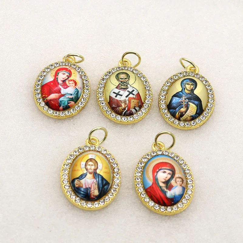 Vintage Alloy Oval Religious Pendant Only Without Chain Virgin Mary Jesus Saint Icon Micro Pave Rhinestone Charm For Jewelry Making