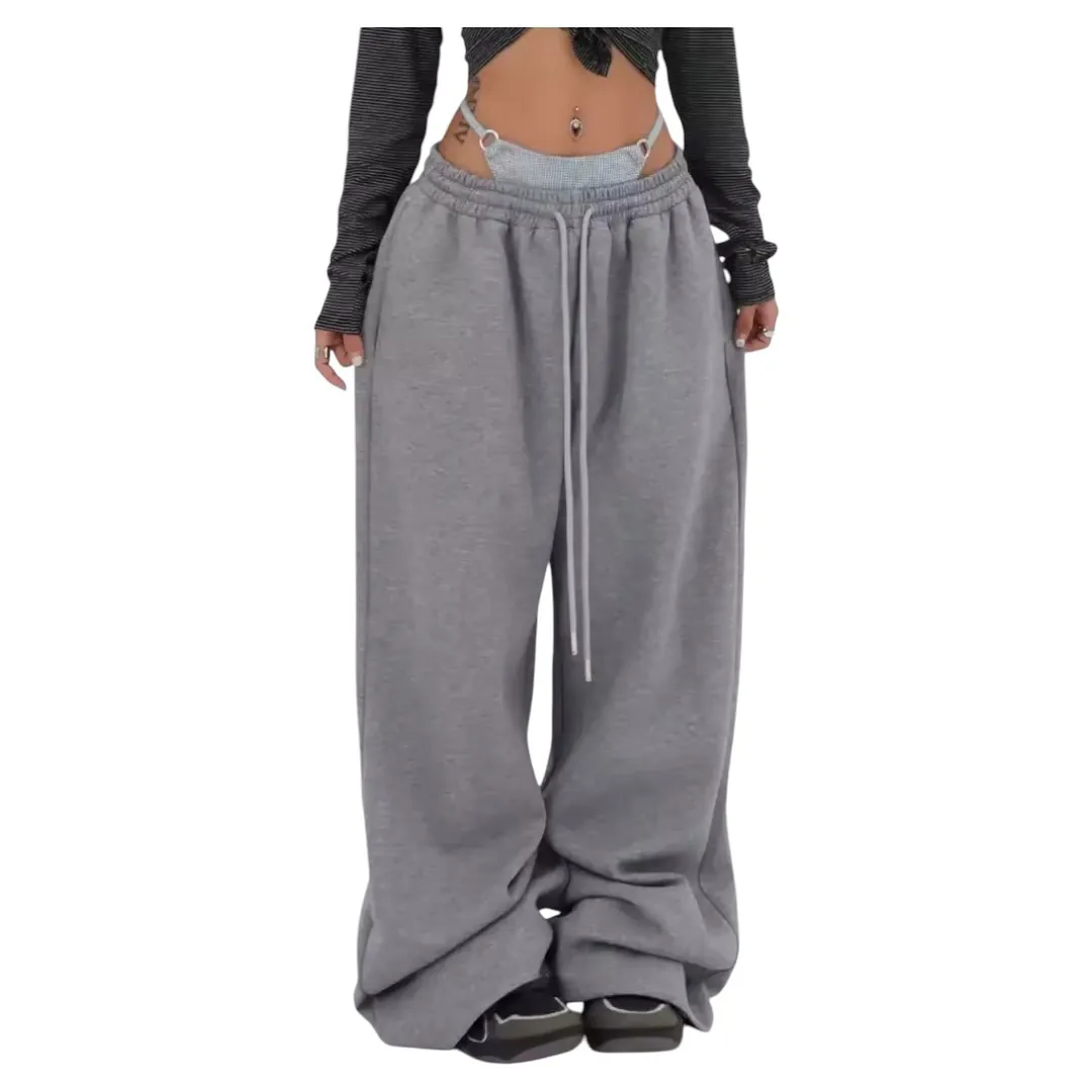 Women American Hip-hop Loose Wide Leg Sweatpants Polyester Solid Color Drawstring Casual Straight Trousers Streetwear