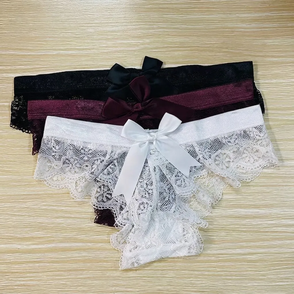 Sexy Women Lace Thong Hollow Out Bowknot Decoration Low Waist Breathable Polyester T-Back Panties For Young Girls