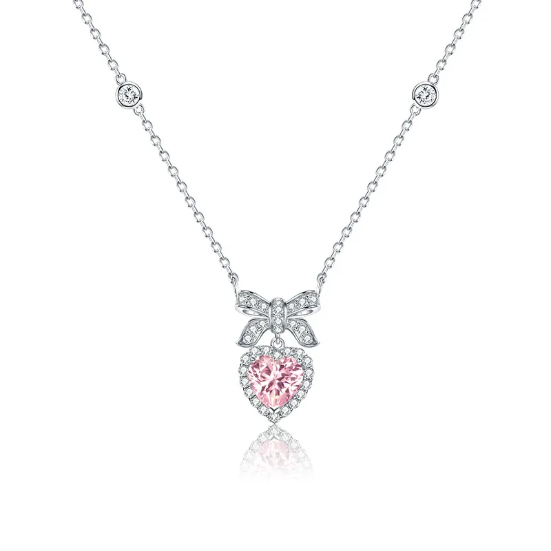 Collana con Ciondolo a Cuore e Fiocco in Argento Sterling 925 Strass Dolce Nodo Principessa Pietra Rosa Bianco Gioielli Regalo
