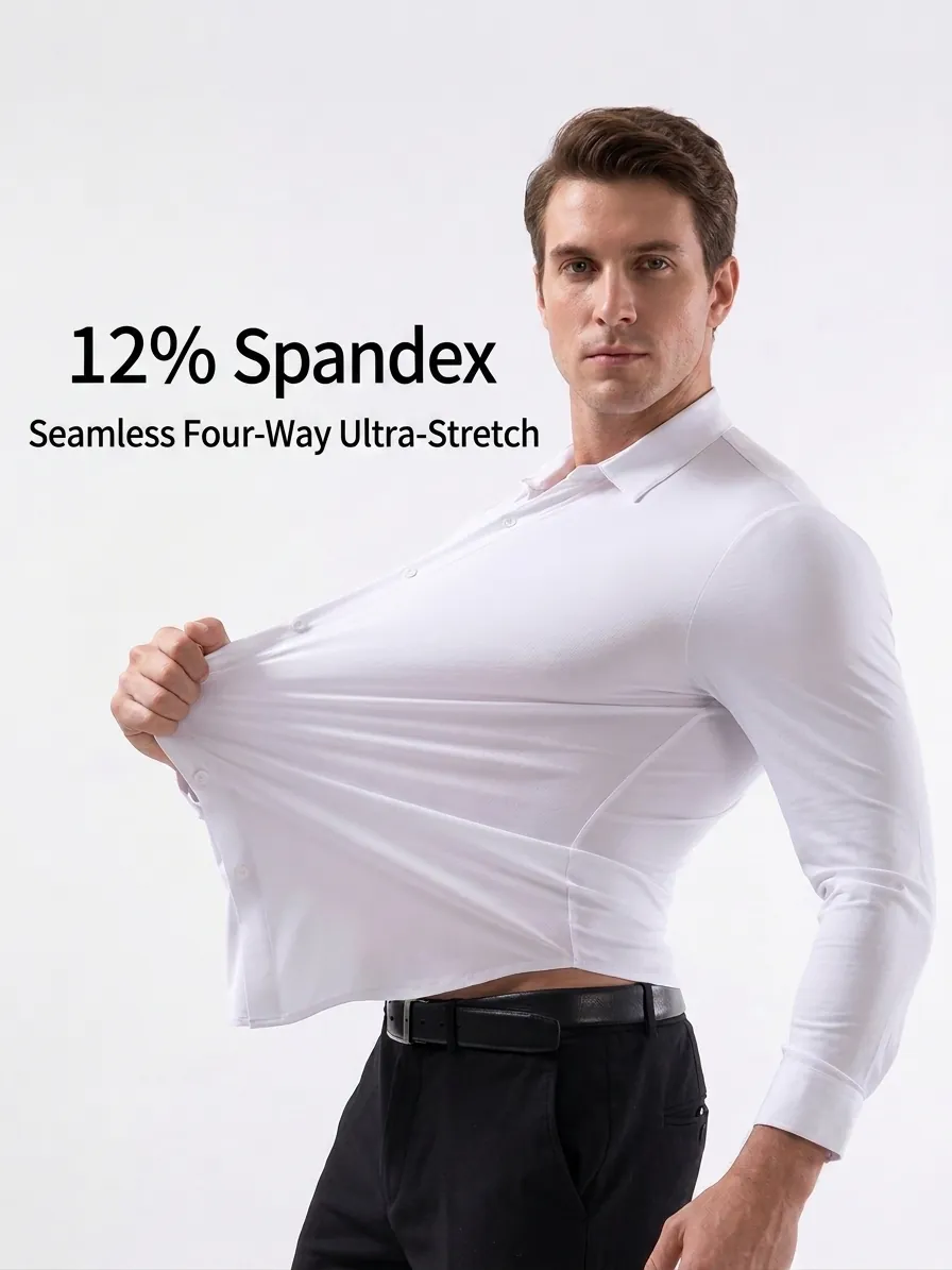 Men High Stretch Seamless Business Shirt Wrinkle Free Muscle Fit Long Sleeve Formal Top Solid Color Professional Office Apparel