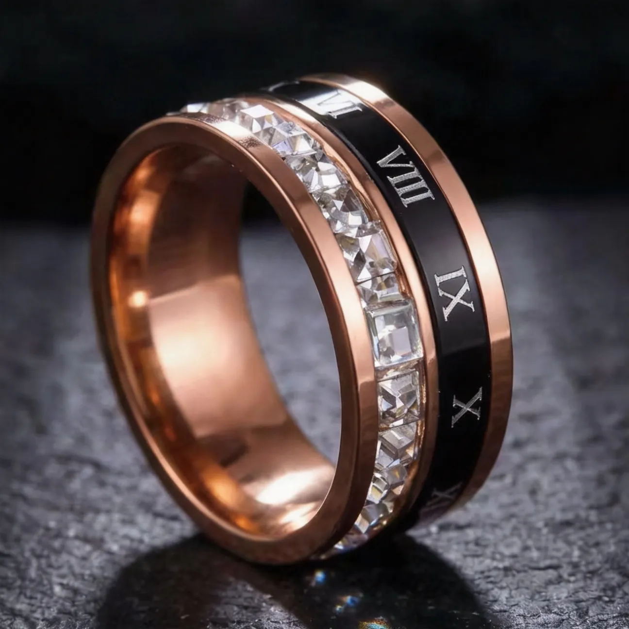Bague Vintage en Acier Inoxydable avec Chiffres Romains pour Femmes Alliance Eternity en Strass Étincelants Bijoux de Mode