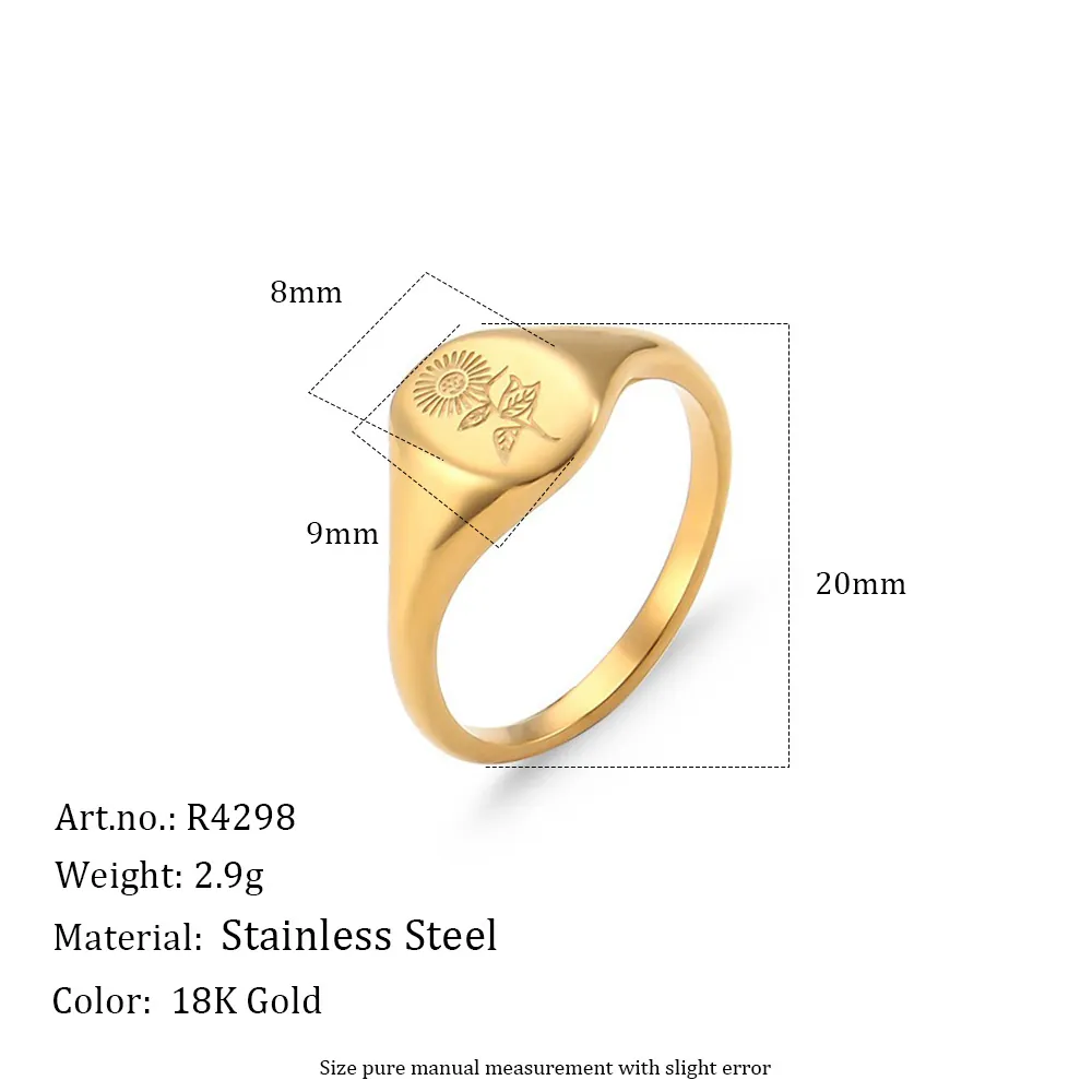 Floral Engraved Signet Ring Stainless Steel Gold Plated Lavender Sunflower Pattern Retro Minimalist Jewelry For Women