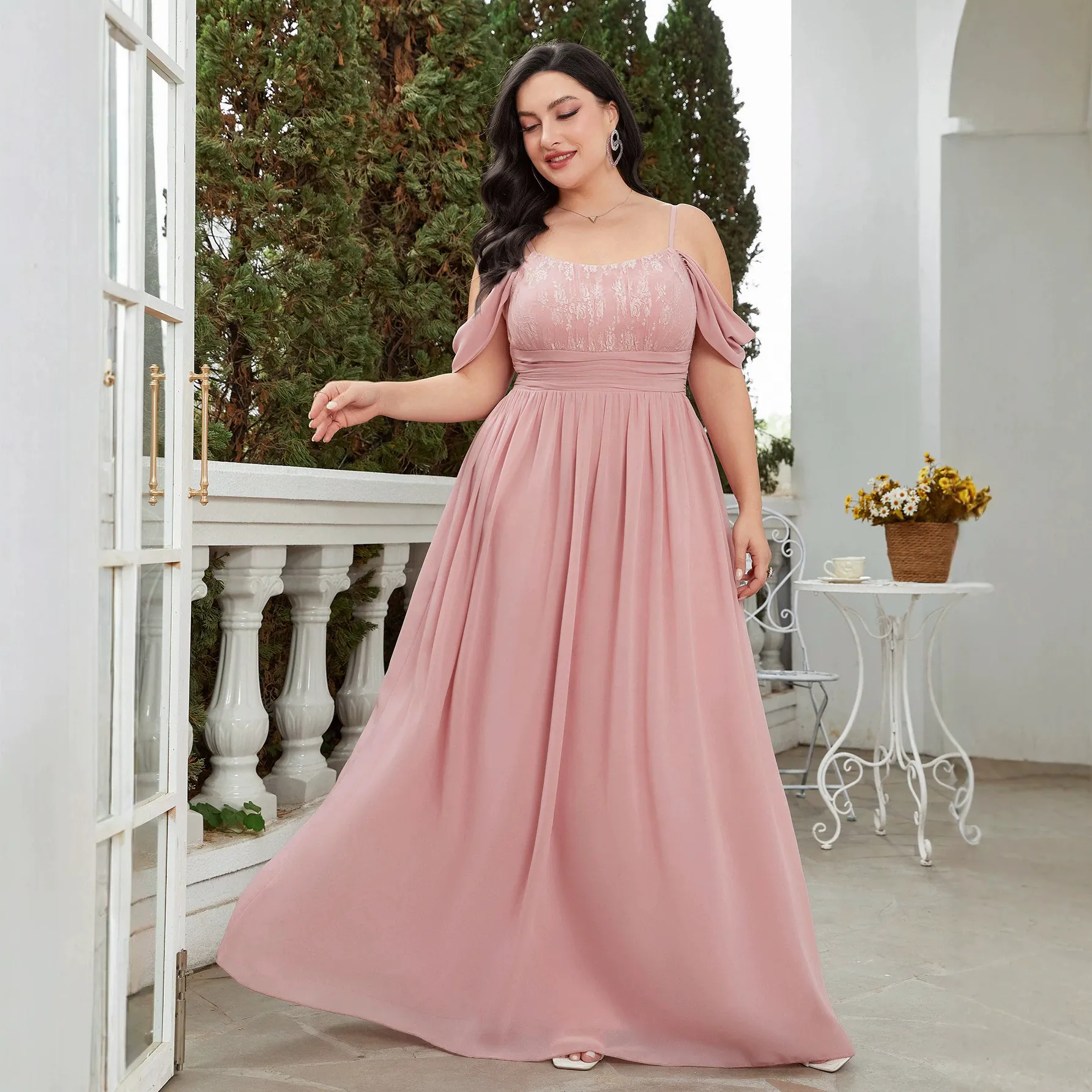 Plus Size Women's Cold Shoulder Lace Patchwork Chiffon Maxi Dress Elegant Back Tie Bow Formal Evening Gown