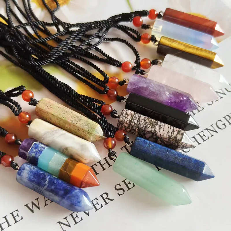 Hexagonal Pillar Natural Stone Crystal Pendant Necklace With Handmade Braided Cord Healing Jewelry For Men Women