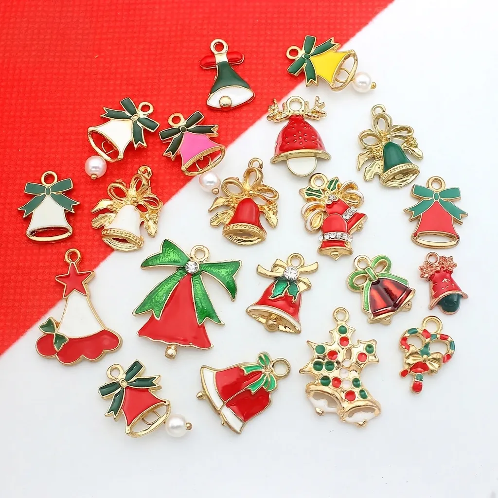 Christmas Enamel Alloy Pendants Drip Oil Festive Bell Santa Hat Bowknot For DIY Jewelry Making Accessories