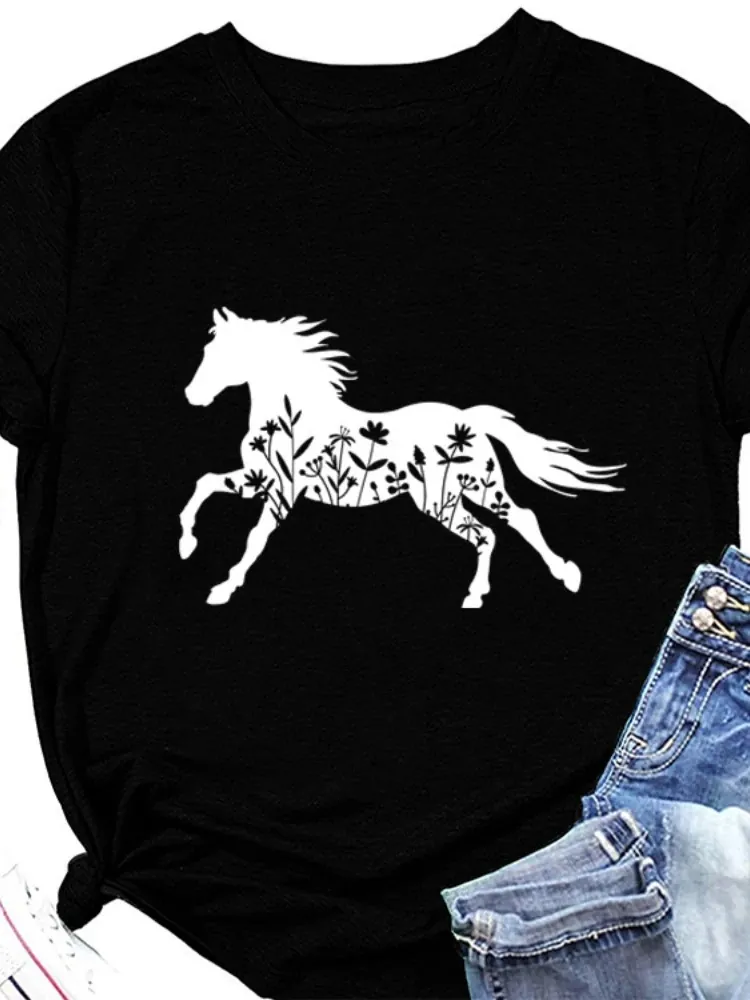 T-shirt Décontracté en Coton pour Femme avec Imprimé Cheval Fleurs Sauvages Col Rond Manches Courtes Coupe Ample Hauts d'Été