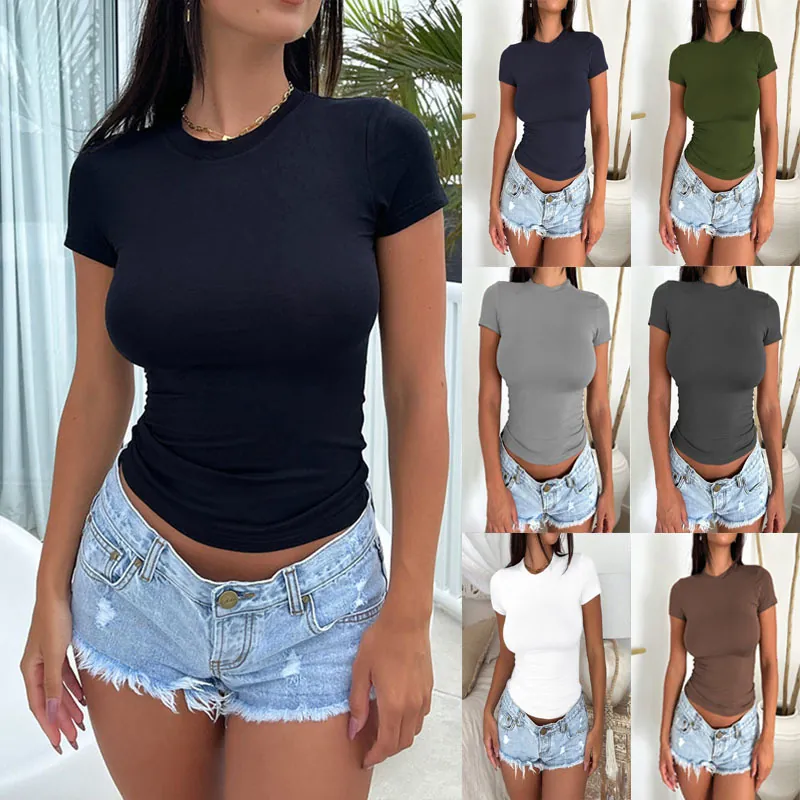 Maglietta da Donna Sexy Slim Fit Girocollo a Maniche Corte Tinta Unita Stile Y2K Poliestere Casual Estate Top