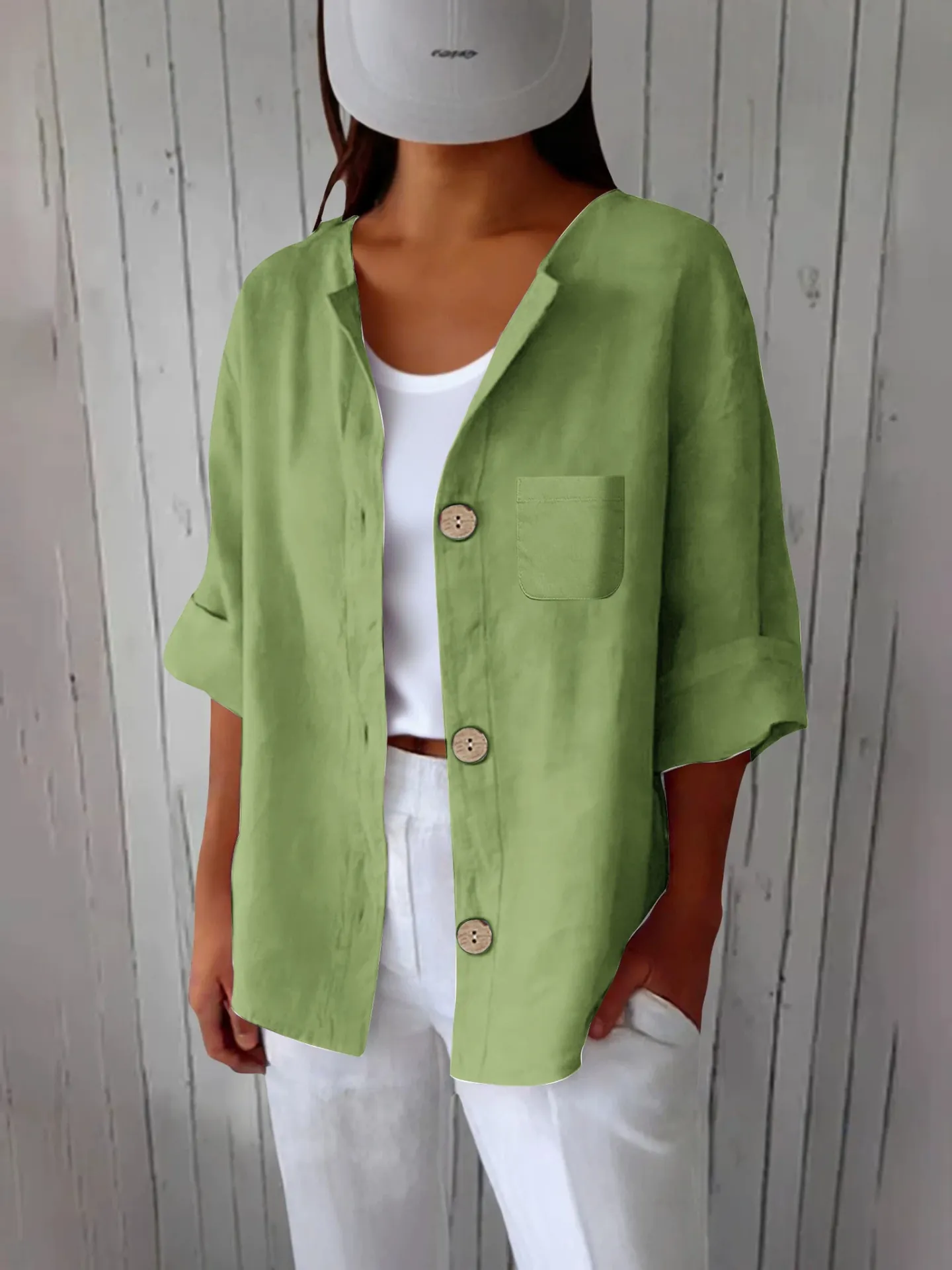 Blouse Femme Vintage Ample Boutonnée Chemise Décontractée à Manches Courtes avec Poche Haut en Polyester Coton Vêtement d'été Minimaliste