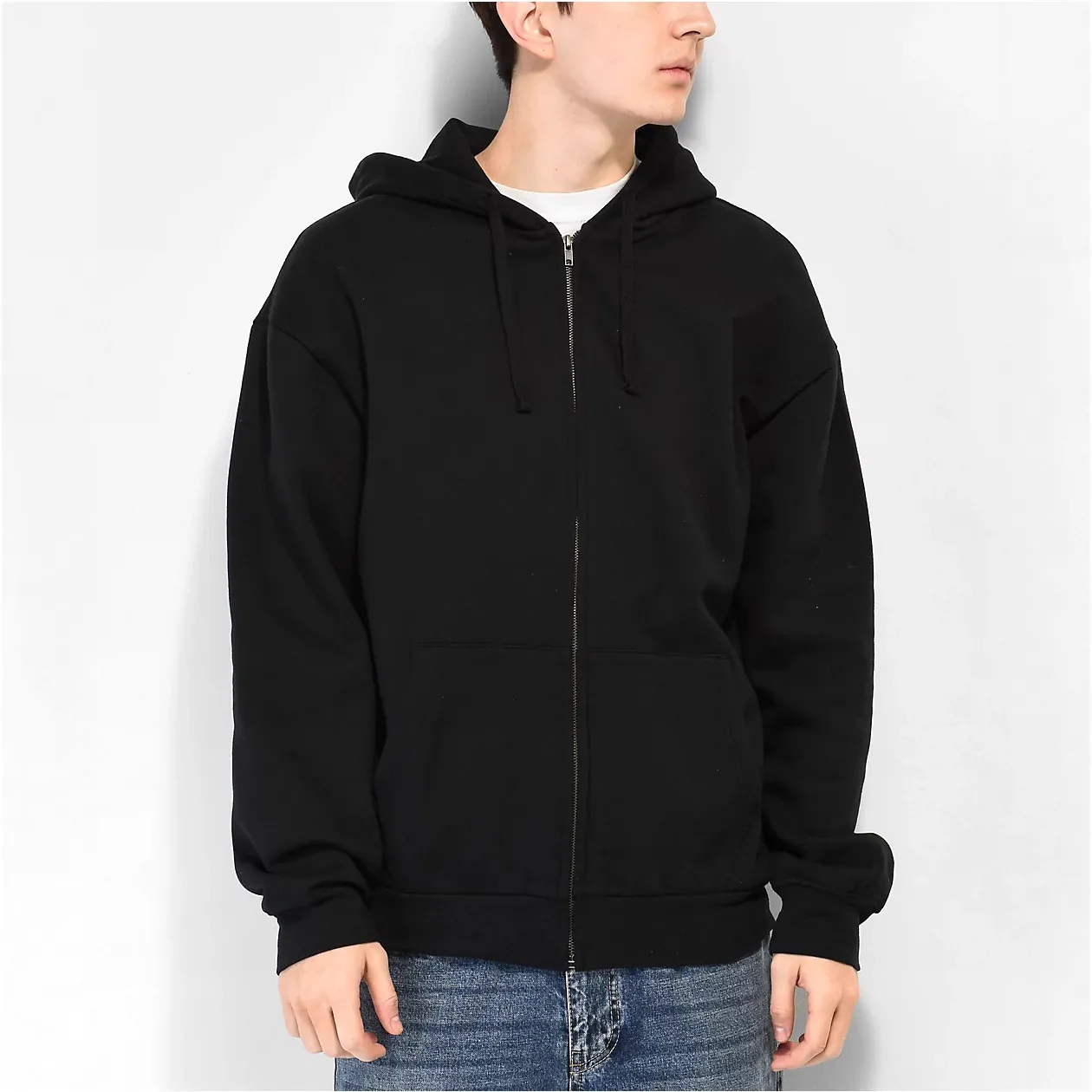 Men Zip Up Hoodie Oversized American High Street Viscose Blank Solid Color Sweatshirt With Drawstring Pockets Loose Jacket