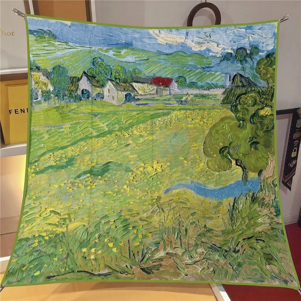 Van Gogh Auvers Landschaft Ölgemälde Seidenquadrat Schal Für Damen Künstlerischer Köperschal Französisch Eleganter Schal