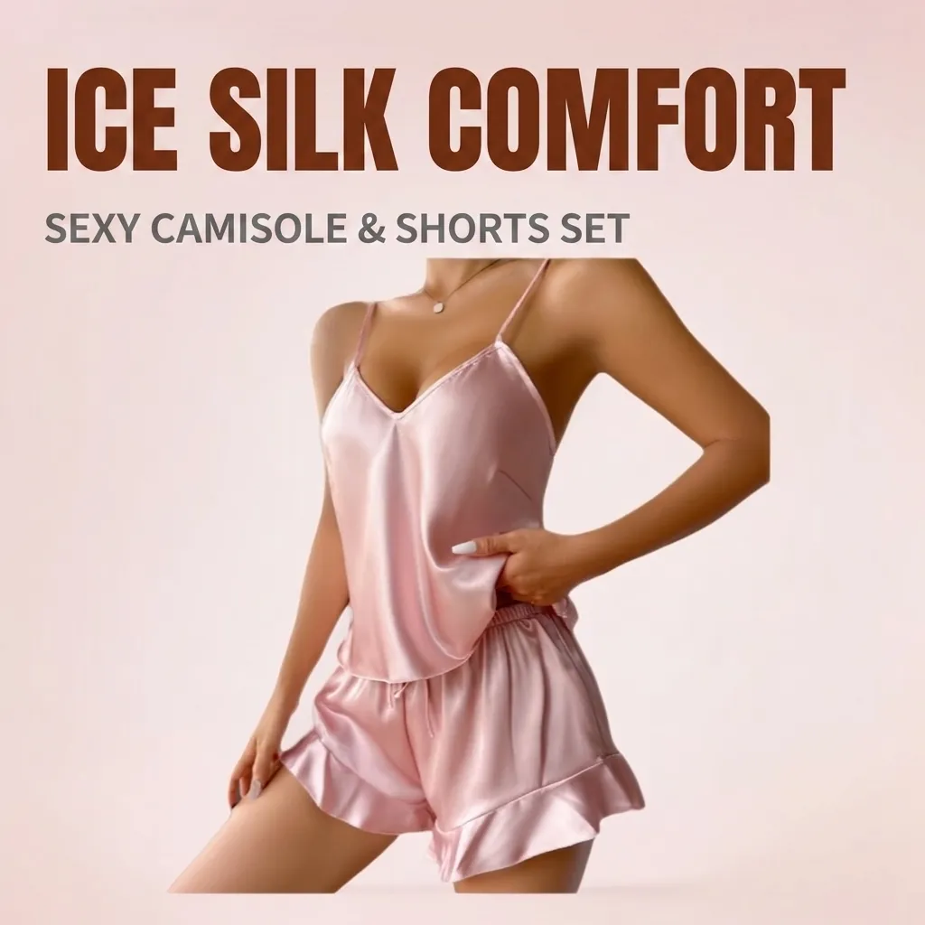 Damen Satin Schlafanzug-Set Sexy Camisole Top Und Bottom Schlafbekleidung Luxuriös Rüschensaum Ärmellos V-Ausschnitt Homewear