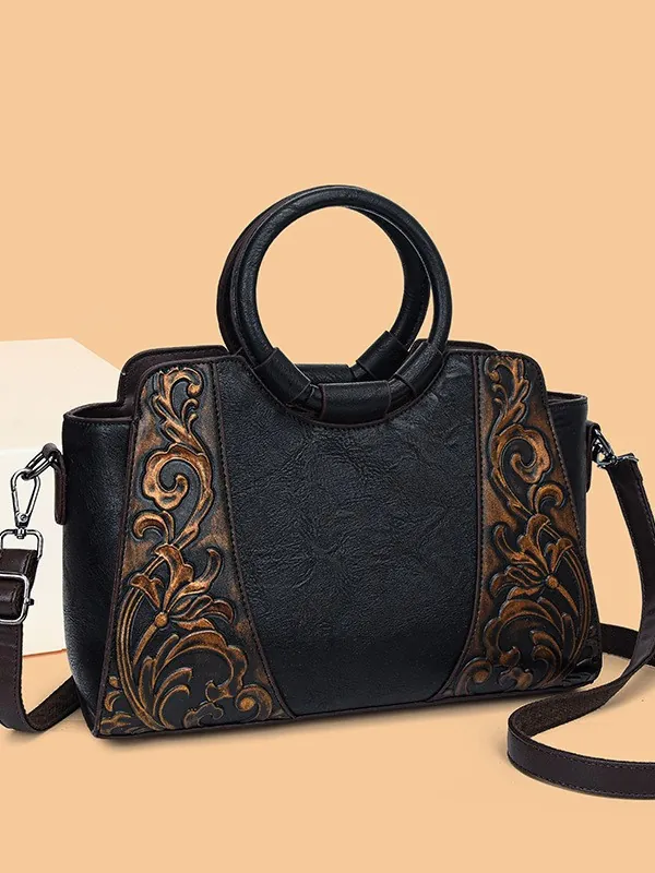 Vintage Embossed Floral PU Leather Handbag For Women Retro Circular Handle Crossbody Bag Casual Daily Top Handle Bag Large Capacity Satchel
