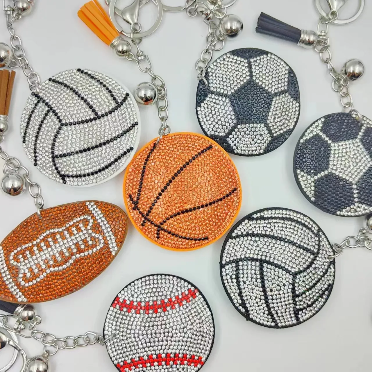 Sports Ball Rhinestone Keychain With Tassel Soccer Basketball Volleyball Football Baseball Mini Fashion Bag Pendant Gift